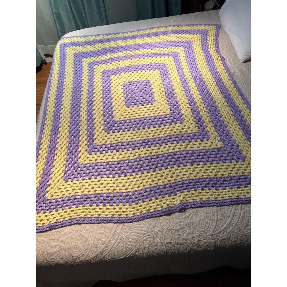 Handmade Granny Square Crochet Blanket Throw‎ Yellow Purple Cozy Baby Toddler